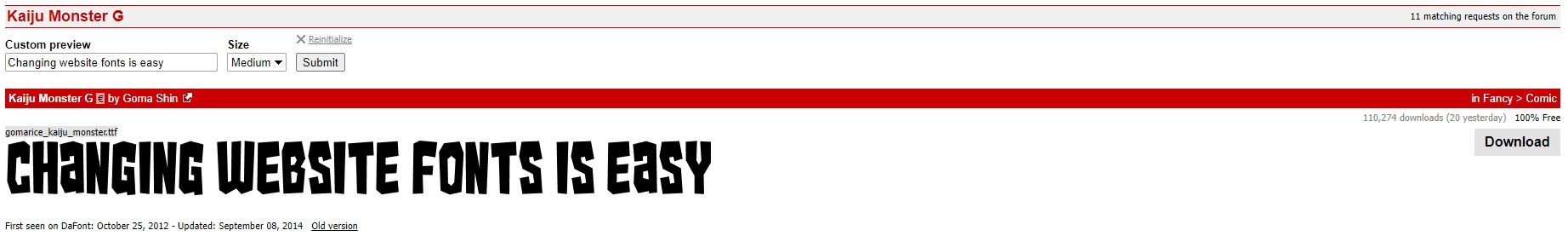 Страница с примером шрифта на DaFont