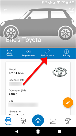 Вкладка Обслуживание в карточке машины Dash