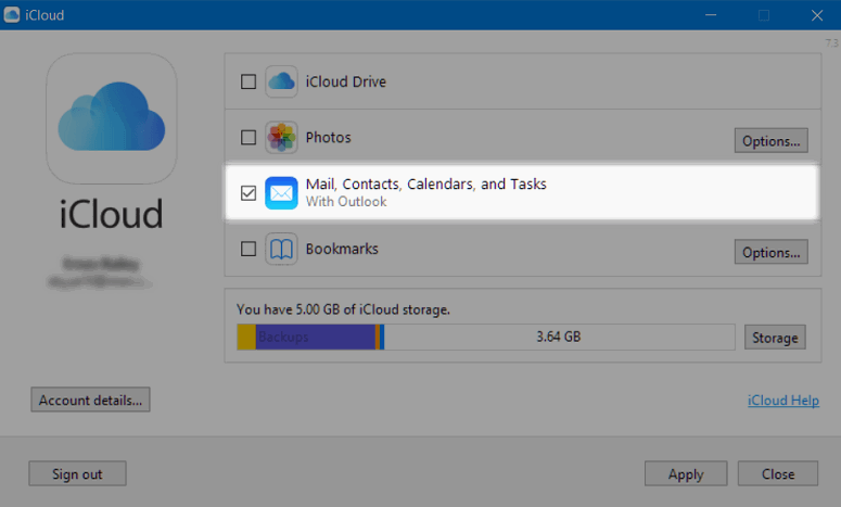 Окно параметров iCloud: синхронизация почты, контактов, календарей и задач