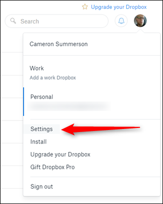 Скриншот: меню аватара Dropbox с пунктом «Настройки»