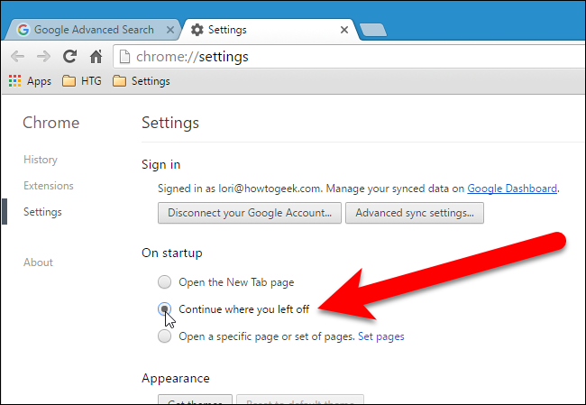 Скриншот раздела При запуске в Chrome — опция Продолжить с того места, где остановились выделена