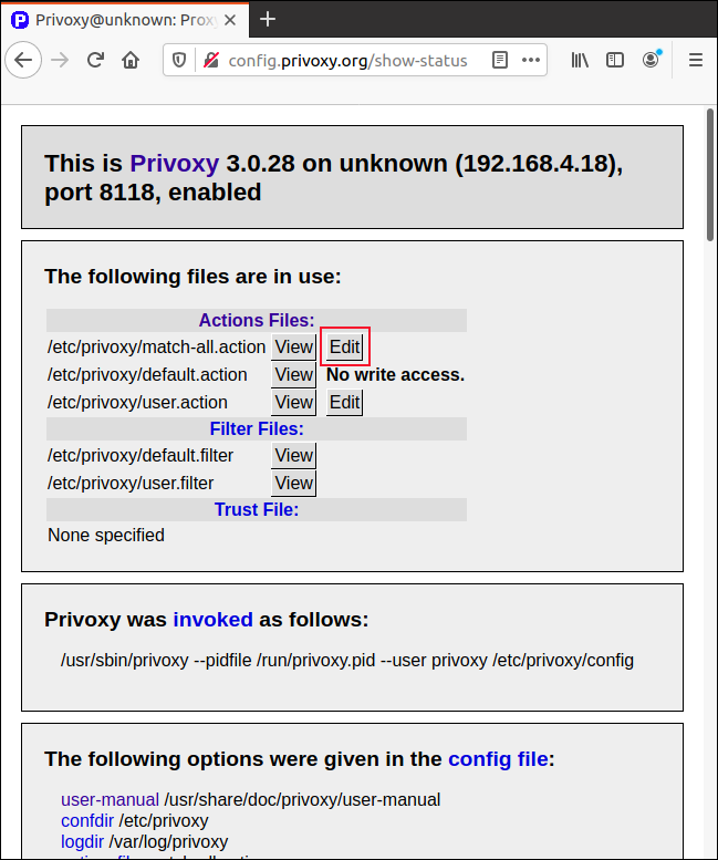 Страница сводки конфигурации Privoxy в окне браузера