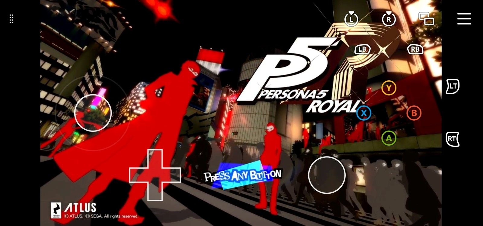 Скриншот стрима Persona 5 Royal на мобильном с наложением элементов управления