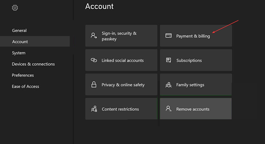 Раздел Платежи и выставление счетов в настройках Xbox
