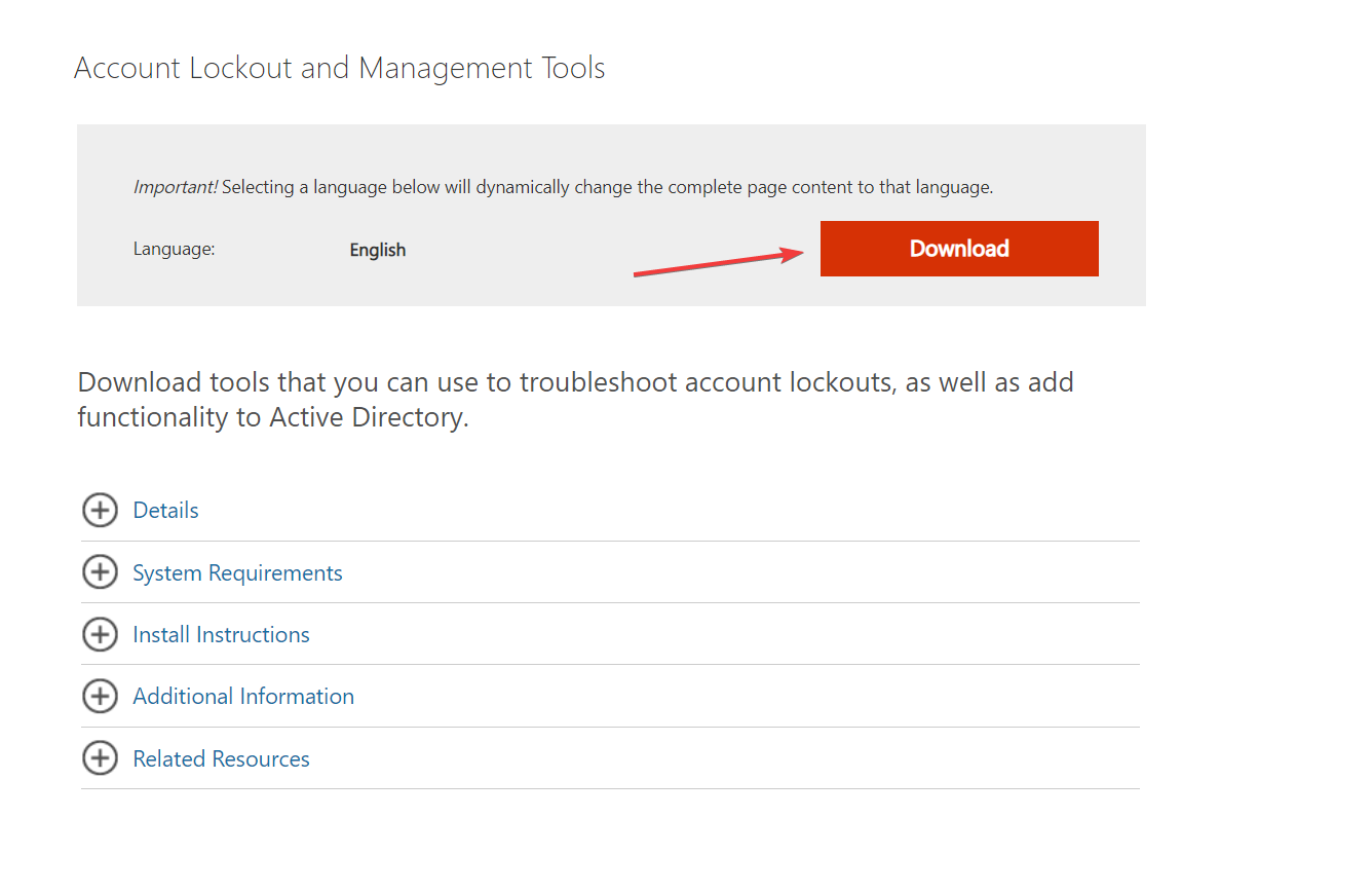 Загрузка Account Lockout and Management Tools с сайта Microsoft