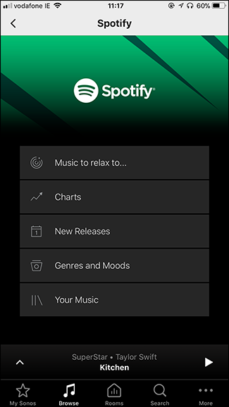 Выбор устройства Sonos в приложении Spotify для воспроизведения