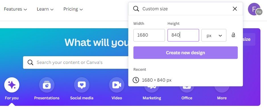 Создание нового дизайна в Canva с произвольными размерами
