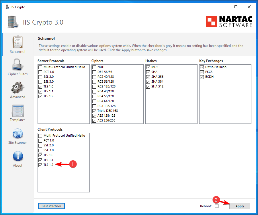 Включение TLS 1.2 в GUI и кнопка Apply