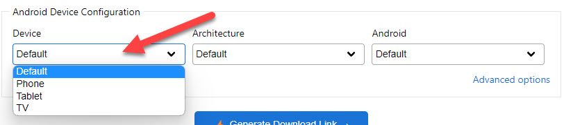 Выбор типа устройства, архитектуры и версии Android