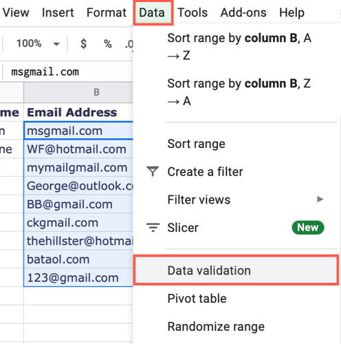 Выберите Данные, Проверка данных