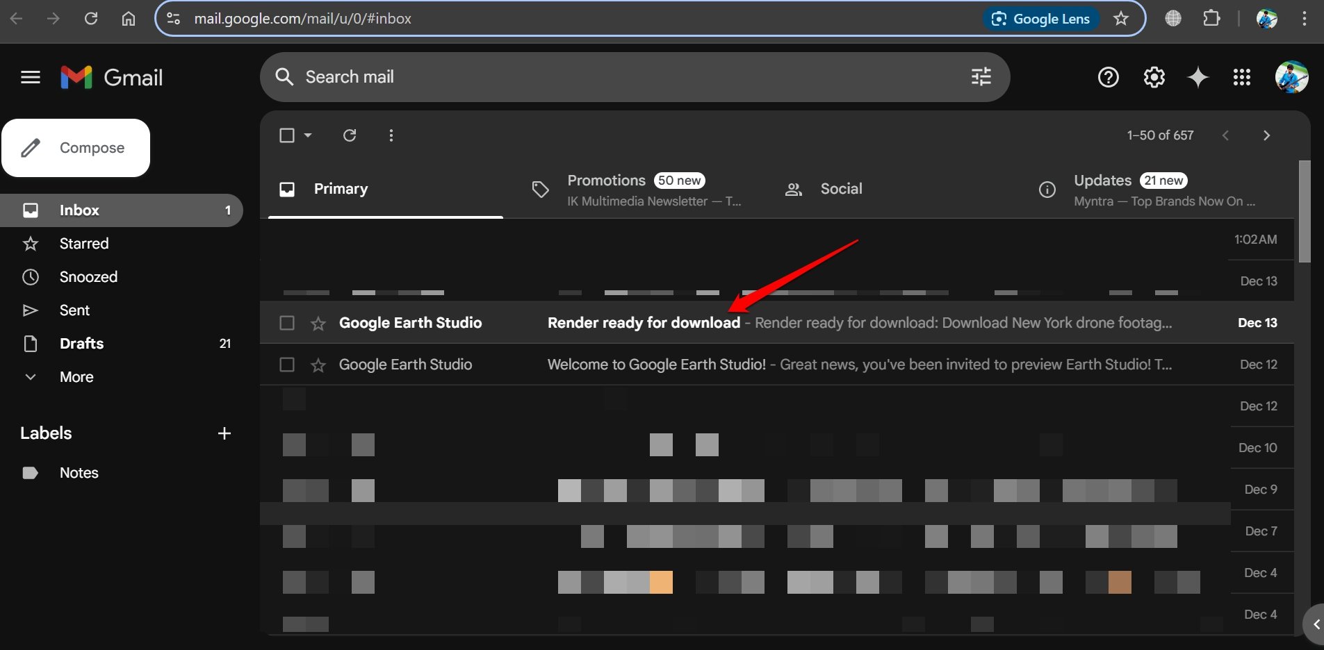 Письмо в Gmail с готовым видео от Earth Studio
