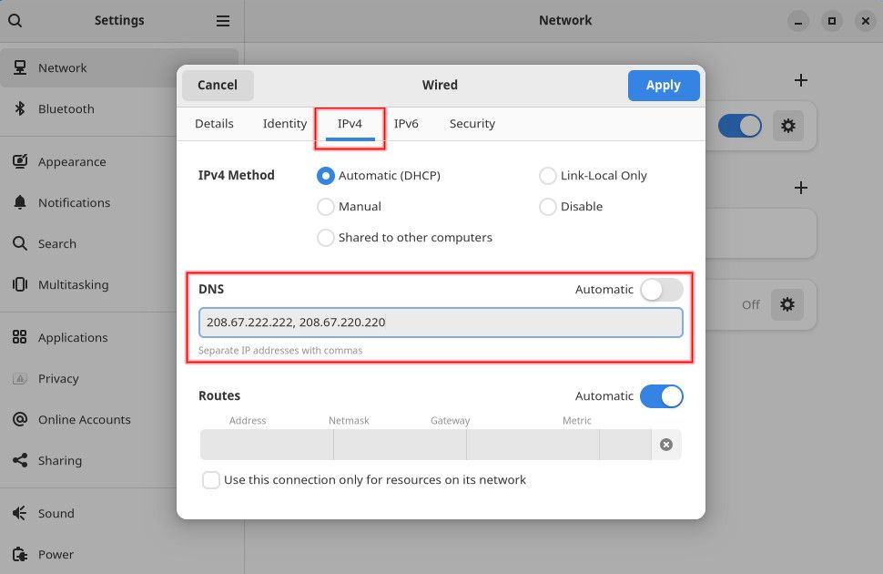 Настройки DNS в GNOME: окно с параметрами сети и списком DNS серверов