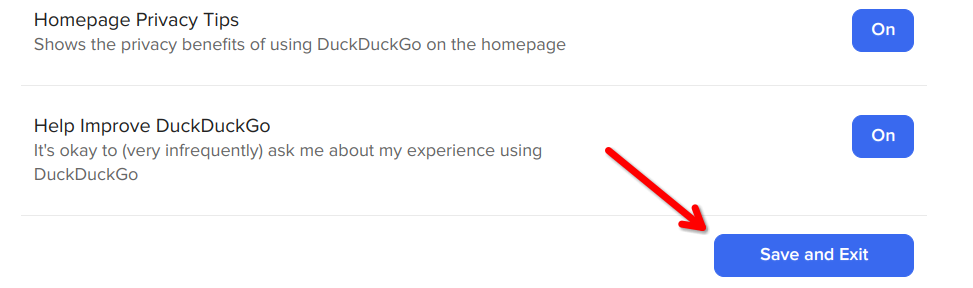 Кнопка Save and Exit внизу страницы настроек DuckDuckGo