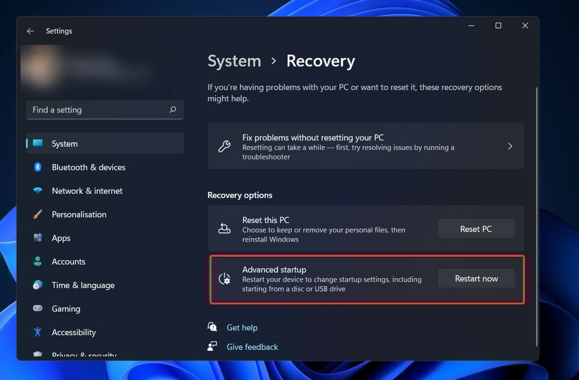 Перезагрузка для расширенного запуска в Windows 11