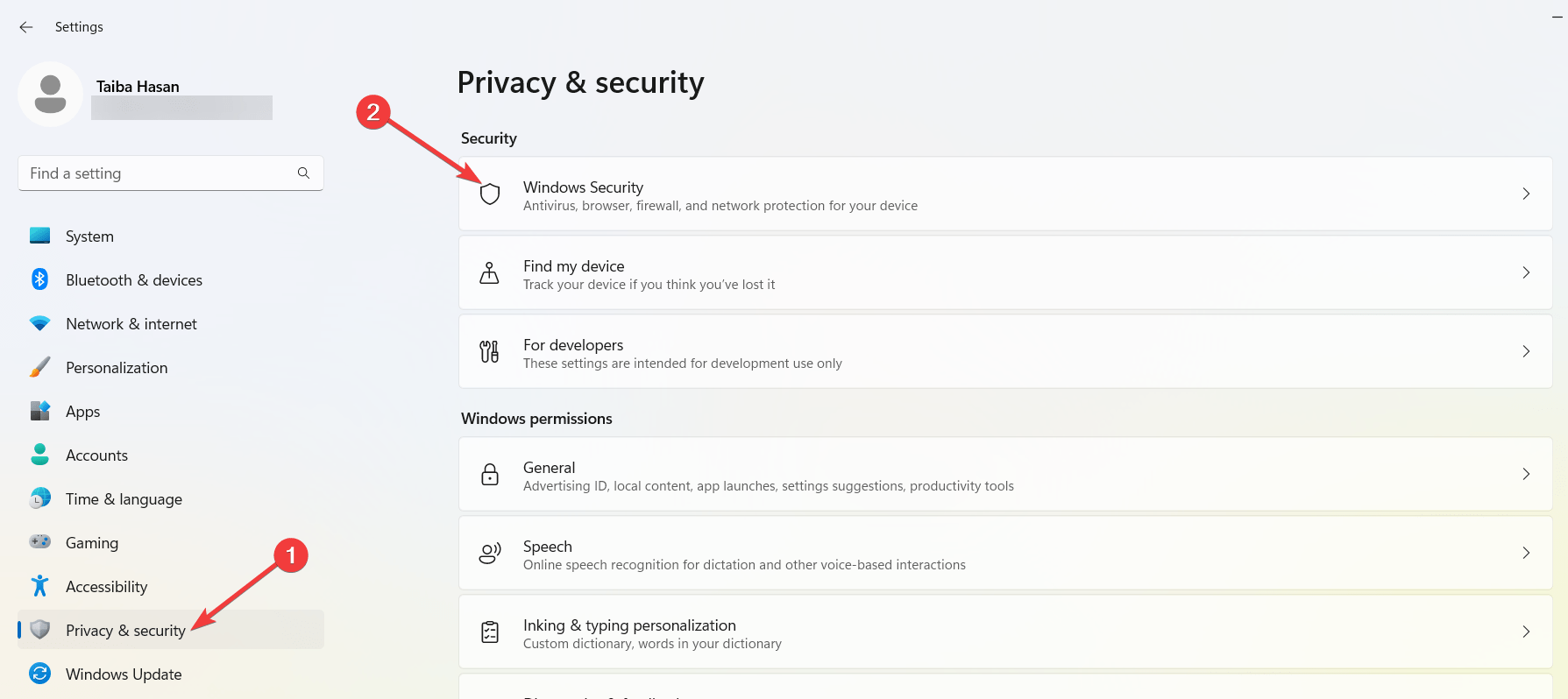 Selección de Seguridad de Windows dentro de Privacidad y seguridad