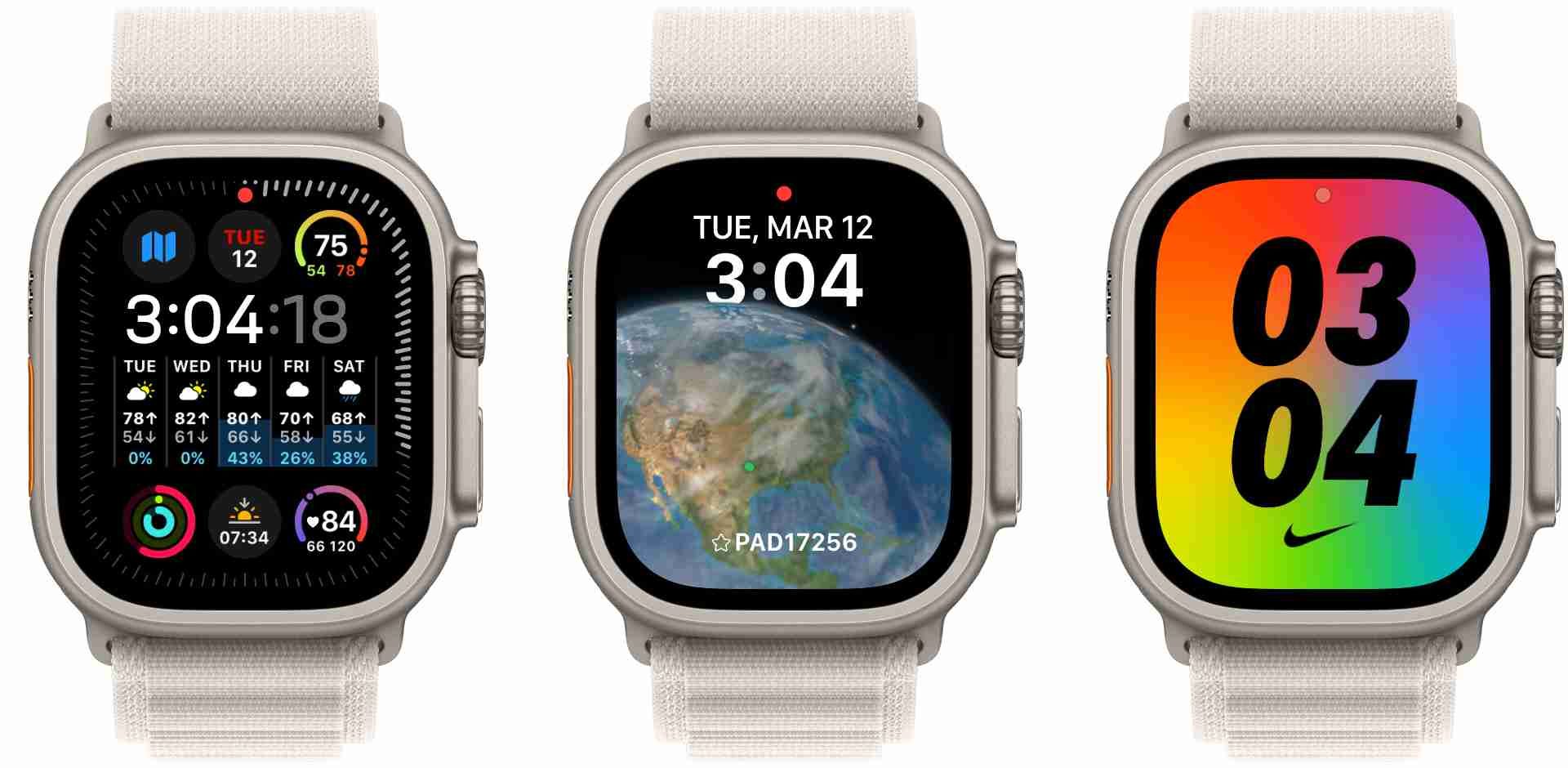 три Apple Watch с разными циферблатами и компликациями