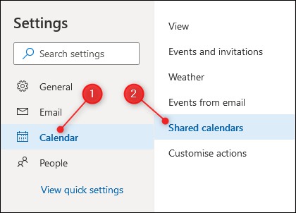 Настройки календаря Outlook с выделенными параметрами совместного доступа