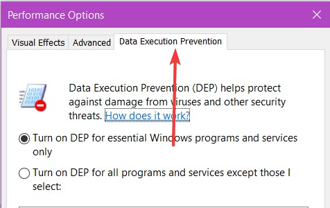 Окно DEP в свойствах системы