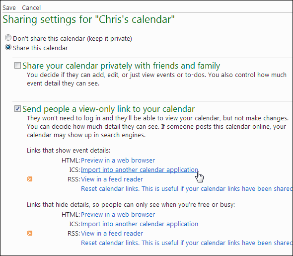 Скриншот: копирование ссылки ICS из Windows Live Calendar