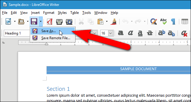 Выбор команды Сохранить как в LibreOffice