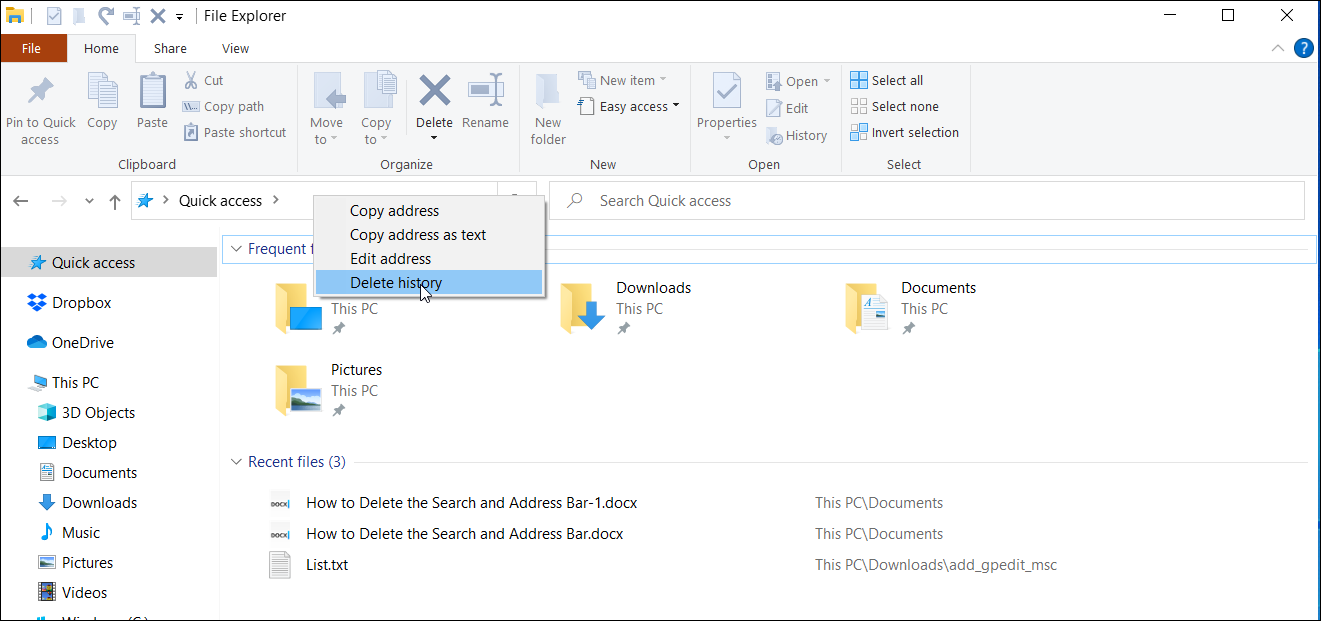 Контекстное меню «Удалить историю» в адресной строке Проводника