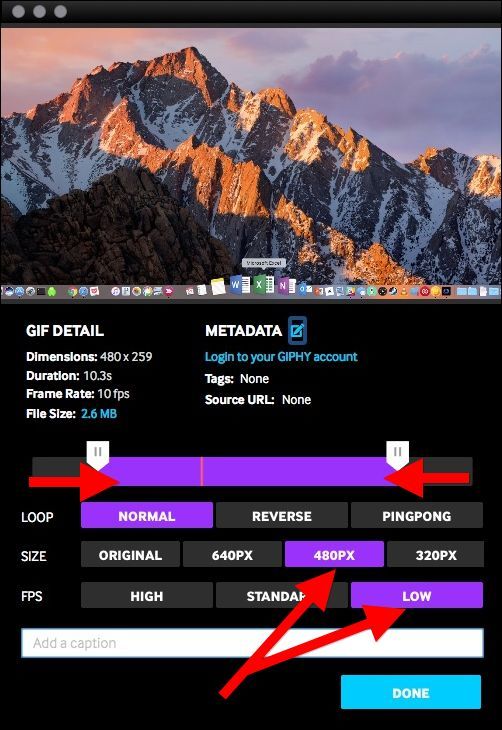 Обрезка GIF в GIPHY Capture с ручками для установки начала и конца