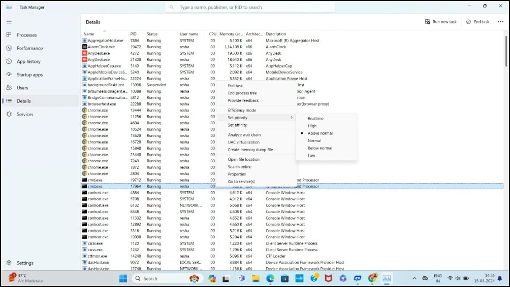 Изменение приоритета процесса в Диспетчере задач