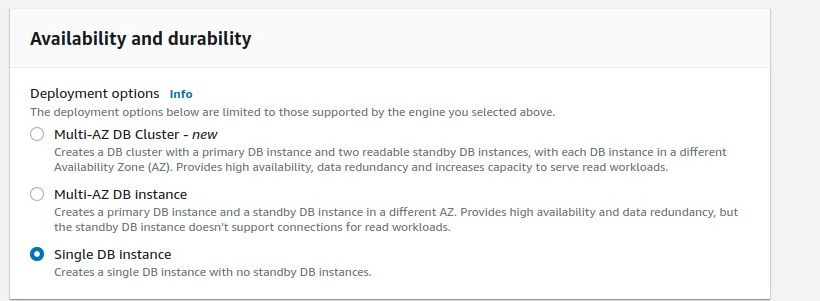 Шаг 6 — выбор доступности и отказоустойчивости (Multi-AZ или Single)