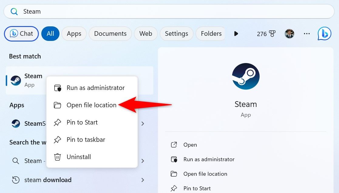Опция «Открыть расположение файла» выделена для приложения, найденного в Поиске Windows.