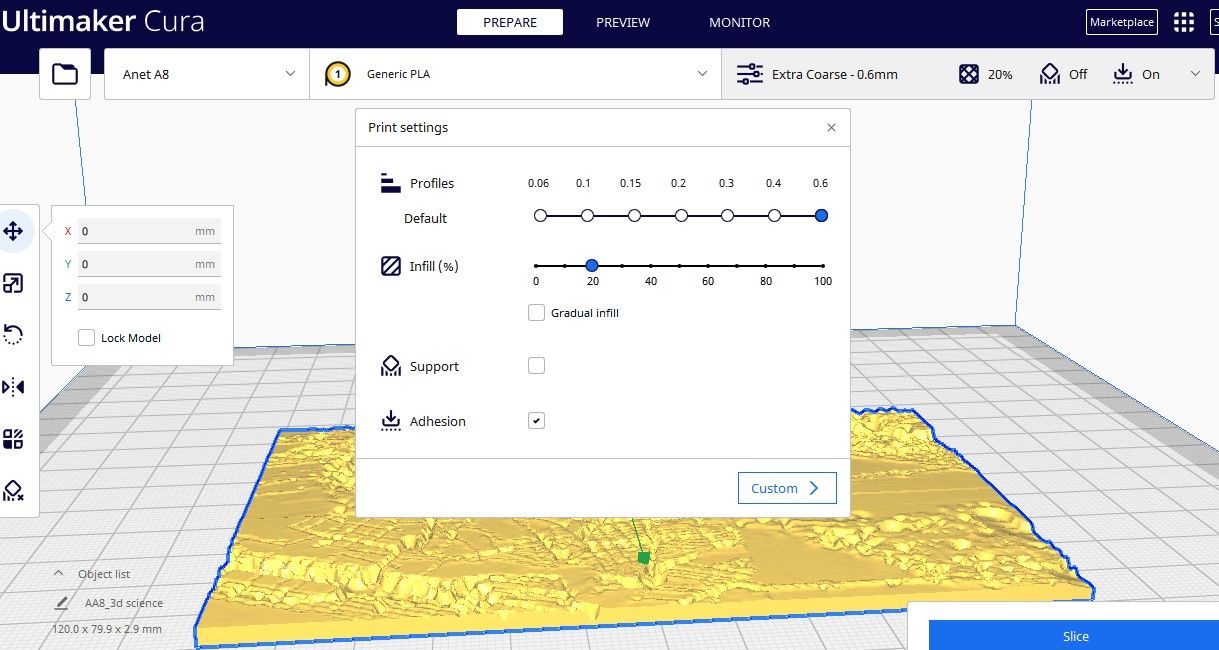 Настройки Cura после импорта STL