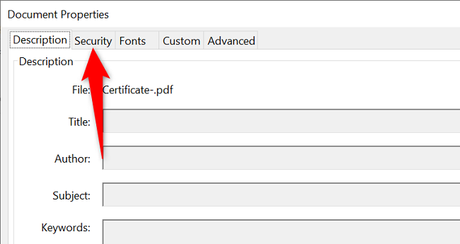 Вкладка Безопасность в свойствах документа.