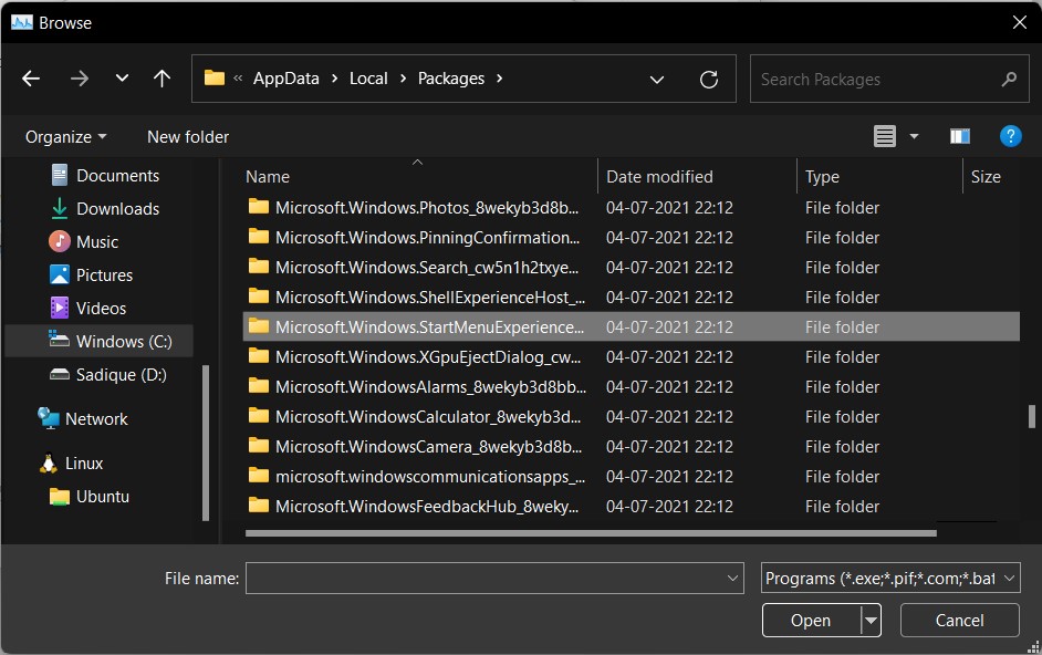 удалить пакет меню Пуск Windows 11