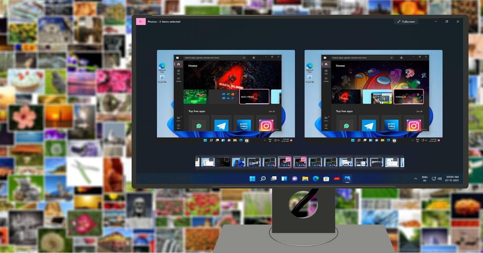Windows11 Photos App on Desktop with Photo Collage in Background