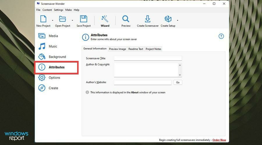 Поля для ввода названия заставки, автора и сайта