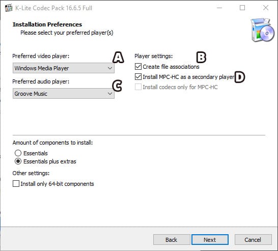 Opciones de configuración del paquete de códecs