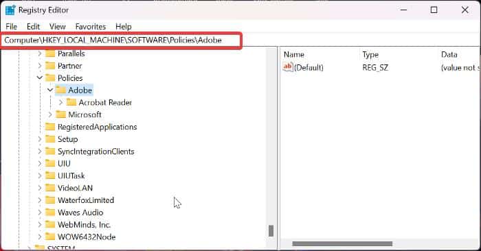 Cartella Registro o Editor usato per modifiche