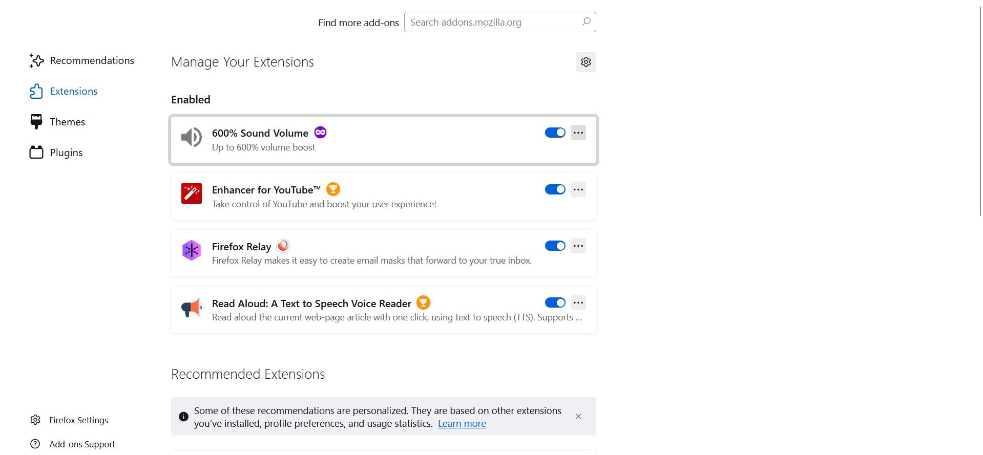 Управление надстройками в Firefox