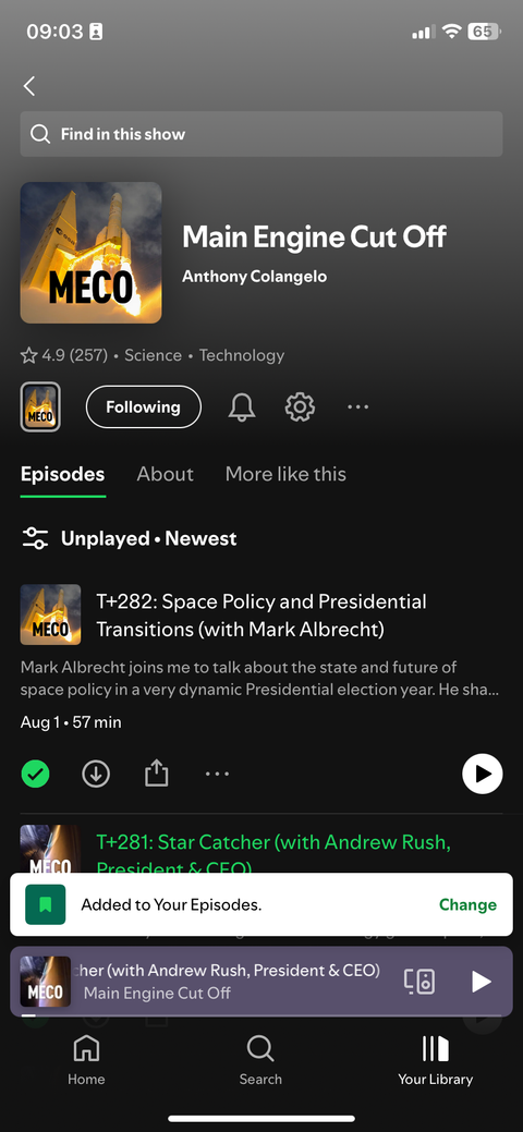 The Spotify app on an iPhone, where a user has added a podcast episode to Your Episodes