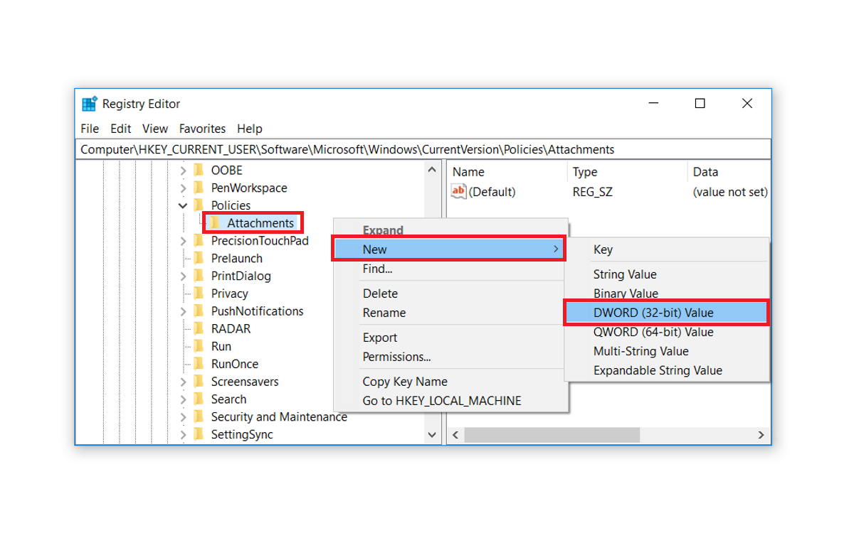Выбор DWORD (32-bit) Value в редакторе реестра