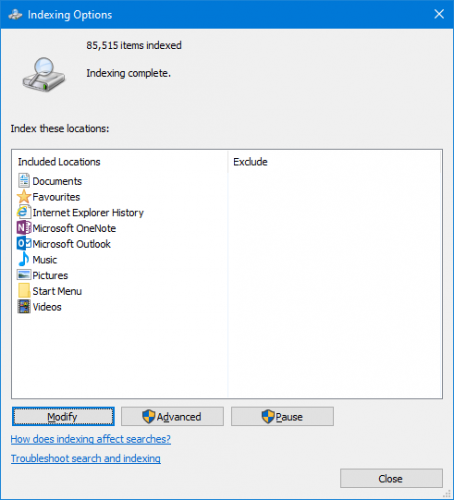 Параметры индексирования: список мест