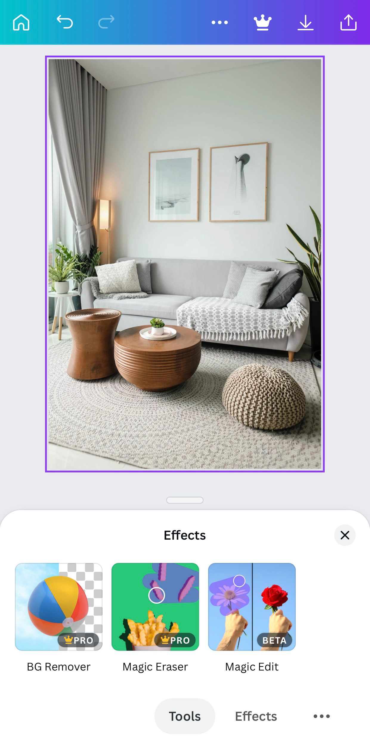 Меню эффектов Canva с уютной гостиной