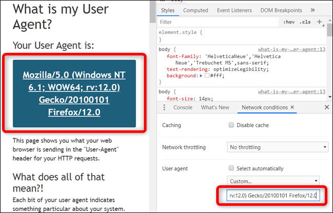 Просмотр сайта с указанным user agent при открытой панели разработчика