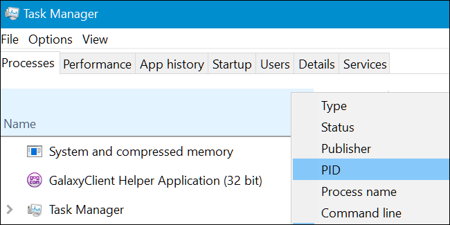 Диспетчер задач: включение столбца PID