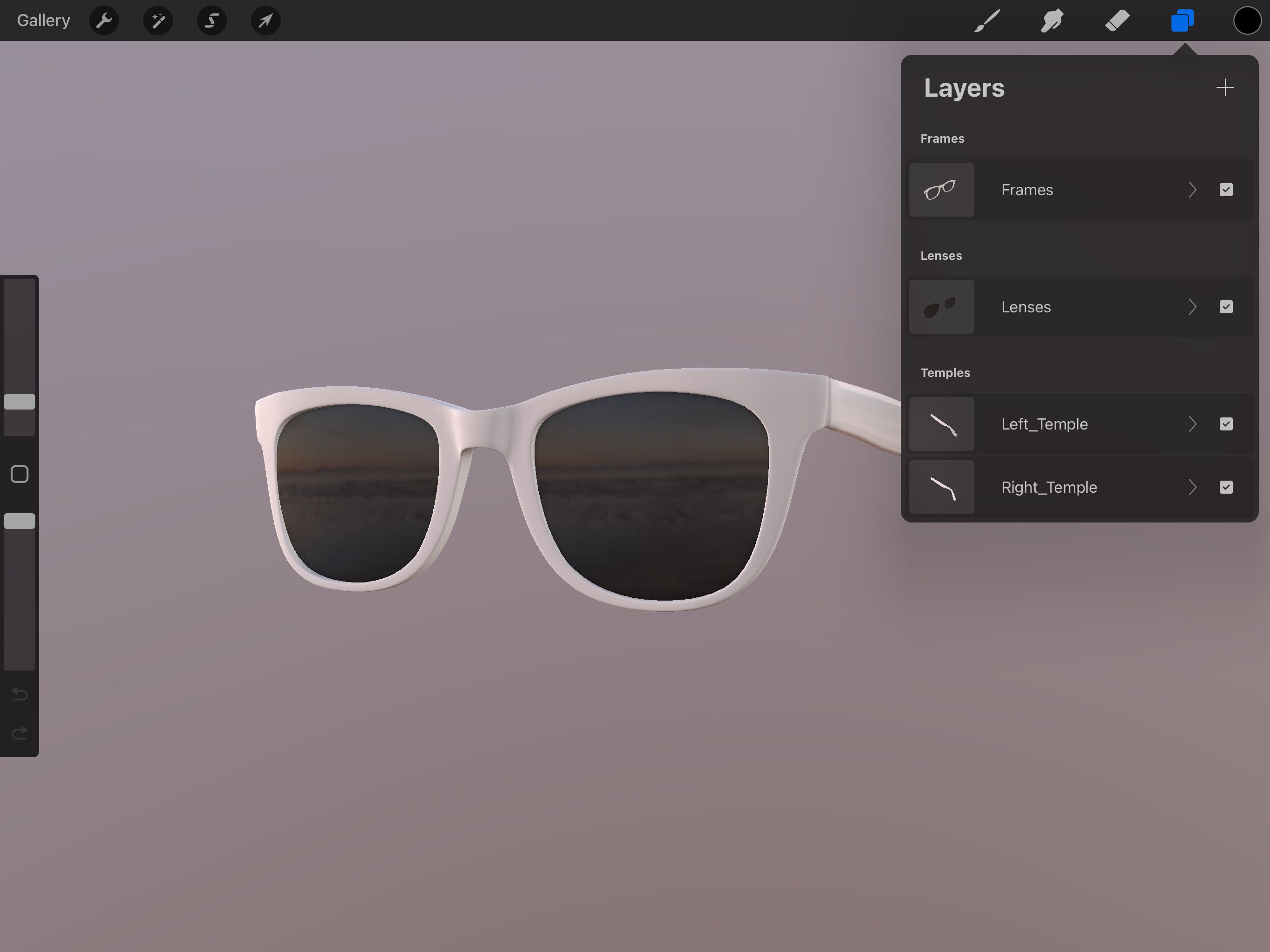 3D модель белых солнцезащитных очков в Procreate