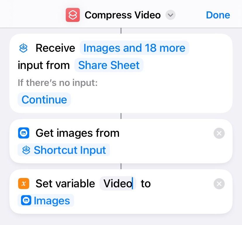 Добавление действия Set Variable и именование переменной Video.
