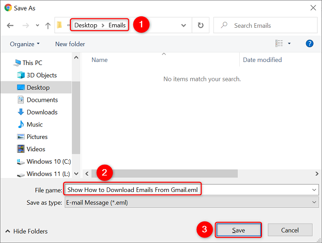 Окно сохранения файла на компьютере с выделенным EML