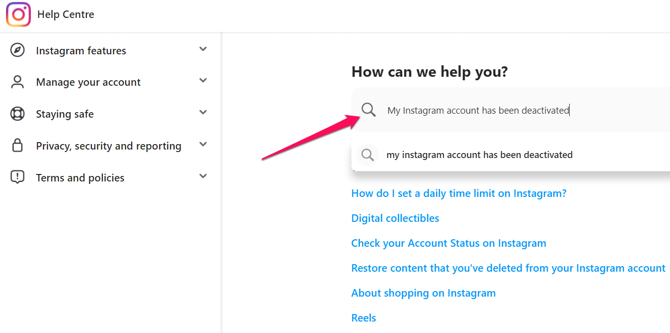 Option: Mein Instagram‑Konto wurde deaktiviert (Hilfe‑Center) 