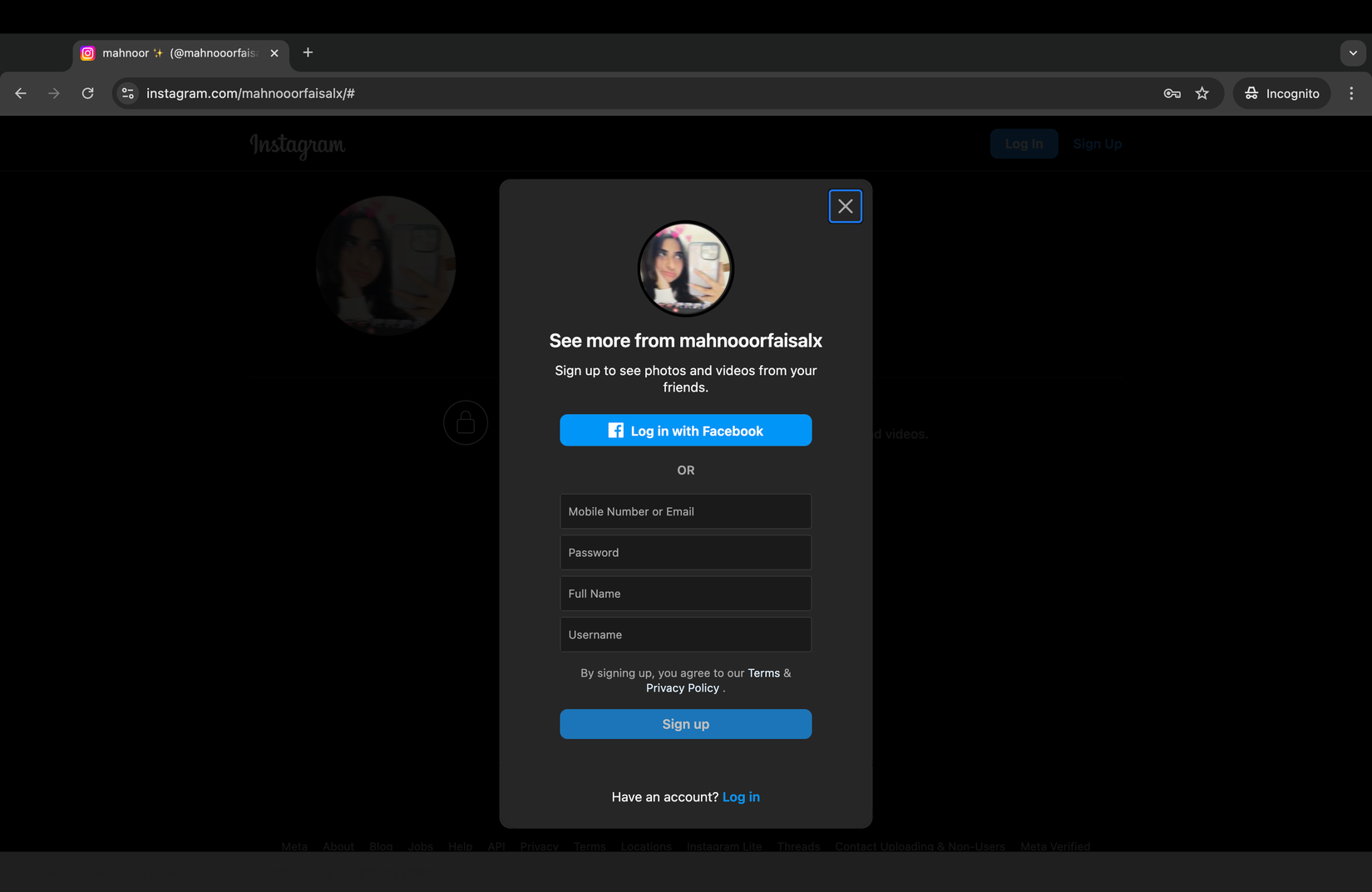 See more from mahnoorfaisalx prompt appearing when searching for account on Instagram's website