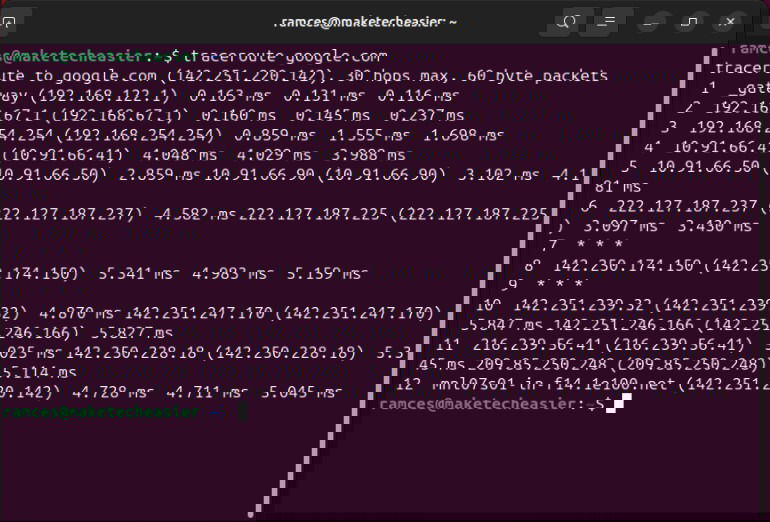 Терминал: traceroute до google.com, список шлюзов