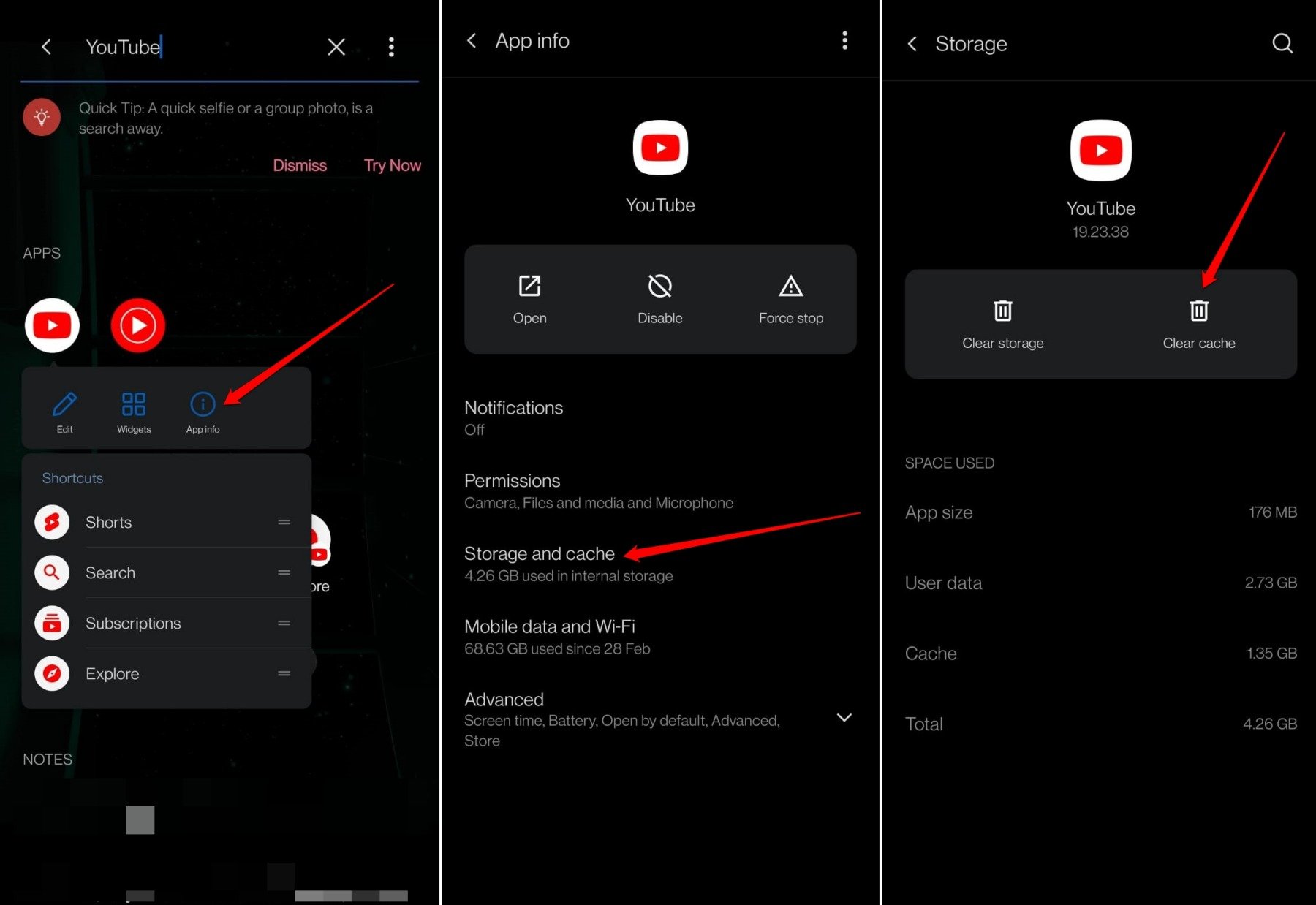Очистка кэша приложения YouTube — экран настроек